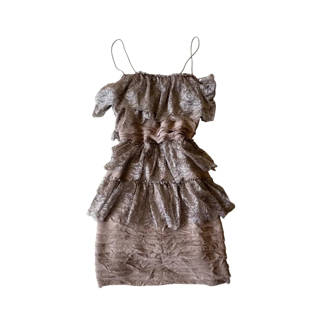 Vintage J Crew Collection Metallic Lace Tiered Silk Ruffle Cocktail Dress 4
